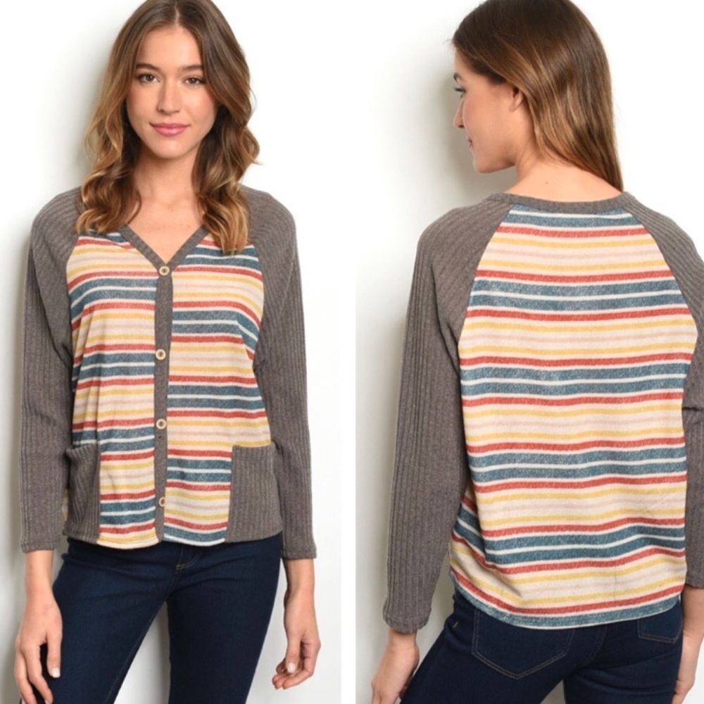 Mocha Striped Long Sleeve Cardigan Size S - Picture 3 of 9